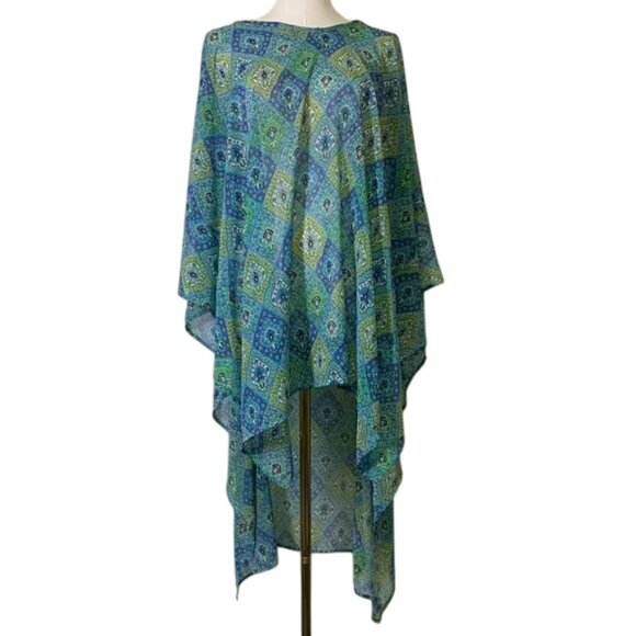 Kim Rogers Blue and Green Paisley Swimsuit Coverup Poncho - Picture 1 of 8